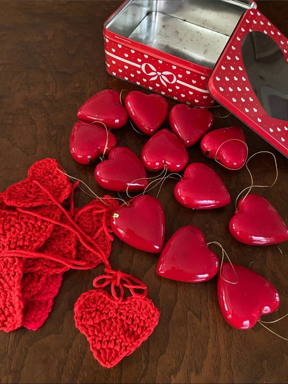 Vintage Valentine Tin Box full of Heart Ornaments